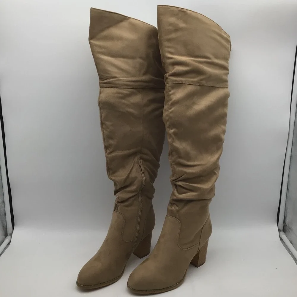 Journee XWC Kaison Tan Slouchy Over The Knee Block Heel‎ Boots Womens Size 9.5